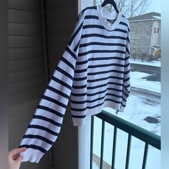 🆕 AQUA Navy & White Striped Knit Sweater Crewneck Oversized Cotton Pullover XXL - Picture 5 of 16